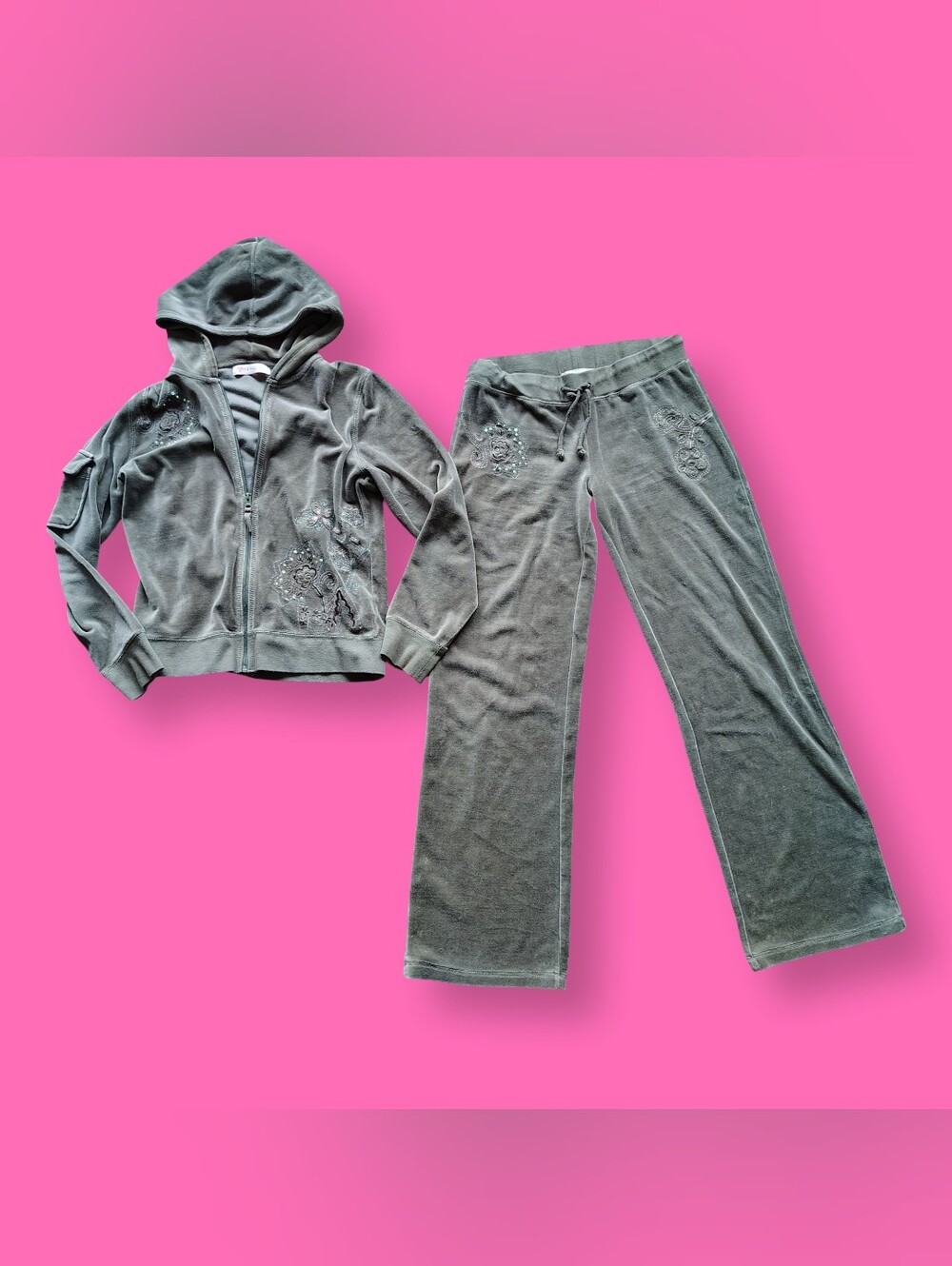 2010s Olive Green 2 Piece Velour Hoodie Tracksuit Set Full Track Suit Sz Medium